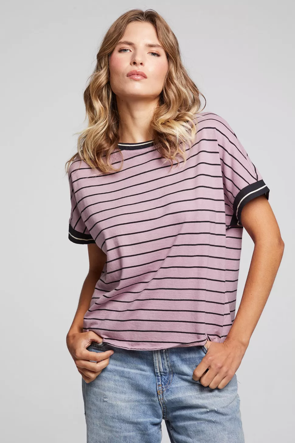 Chaser Brand Amber Stripe Mix Tee New