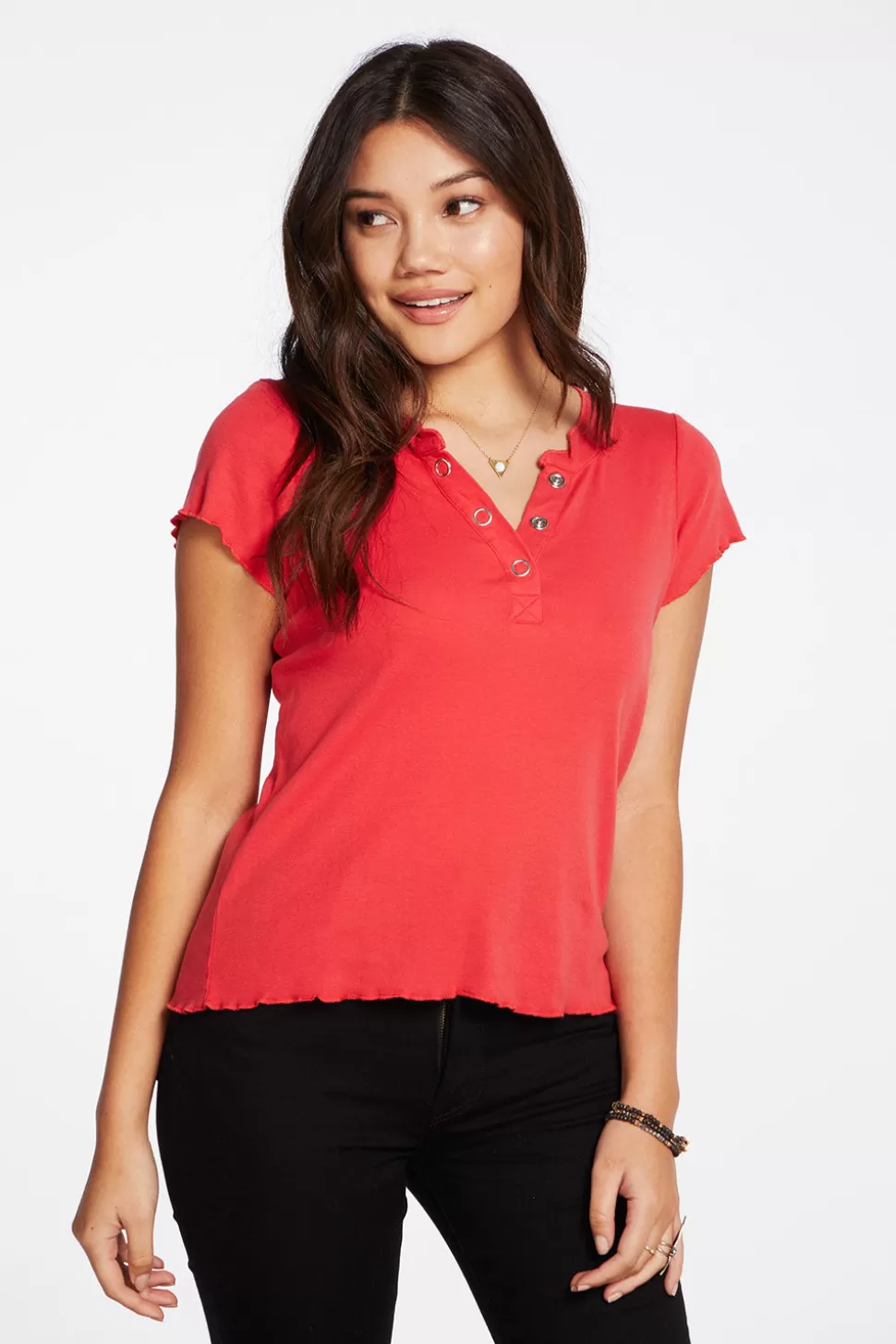 Chaser Brand Baby Rib Short Sleeve Cropped Henley Tee Outlet