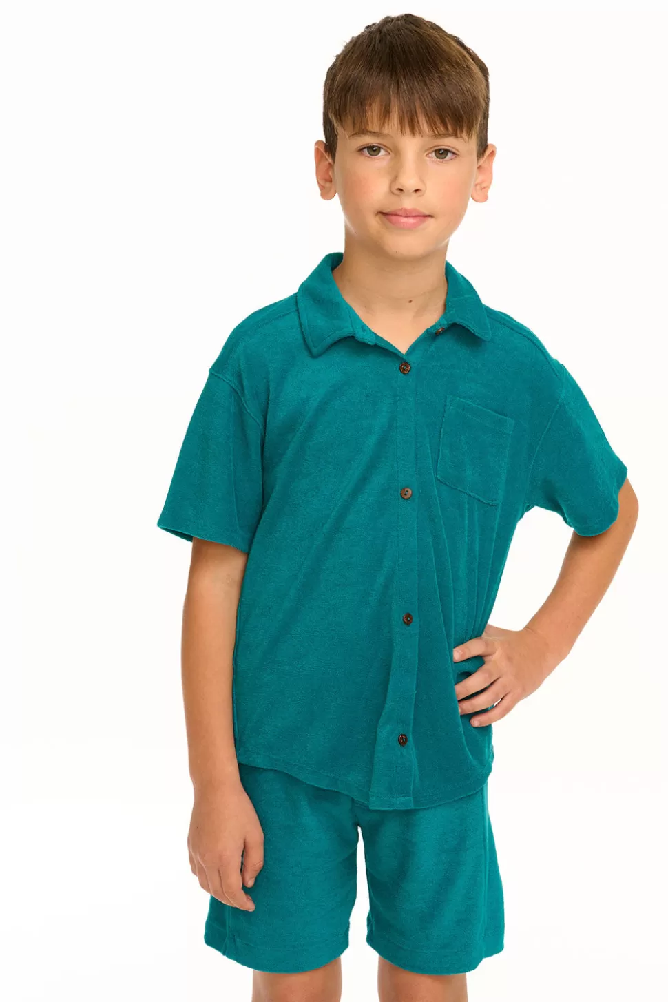 Chaser Brand Boy's Lake Green Terry Cloth Button Down Collared Shirt Store