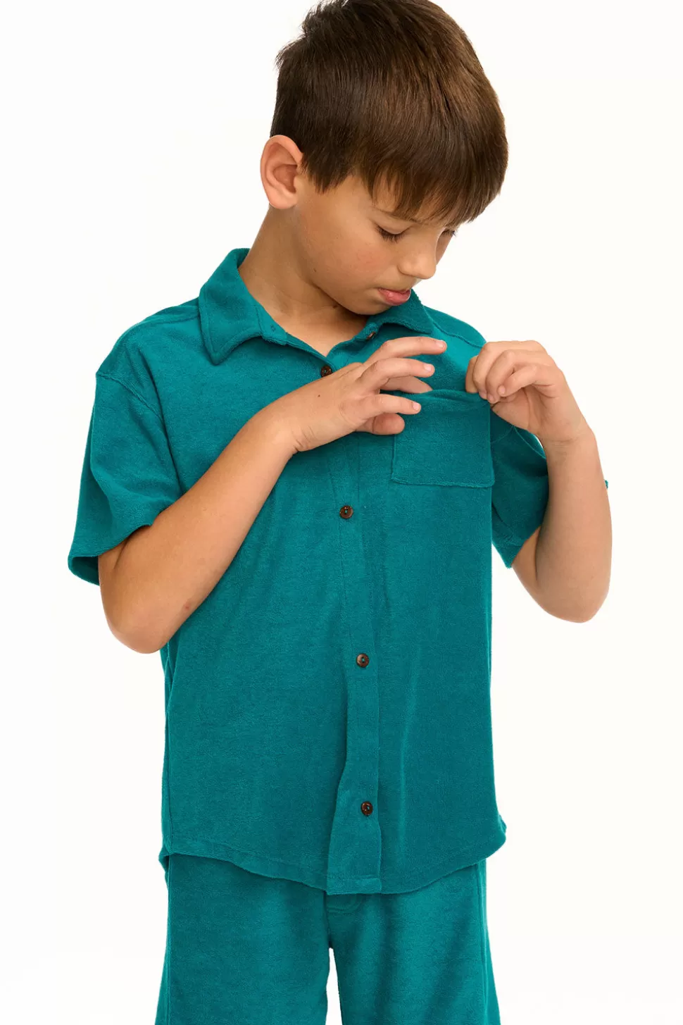 Chaser Brand Boy's Lake Green Terry Cloth Button Down Collared Shirt Store