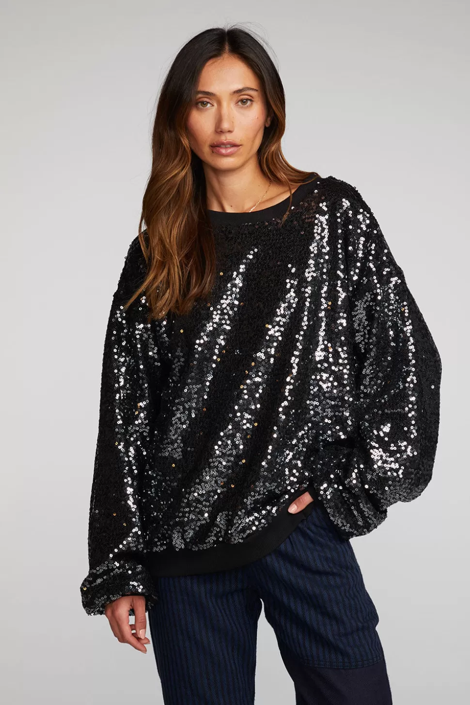 Chaser Brand Cotton Fleece Allover Sequin Crewneck Pullover Best