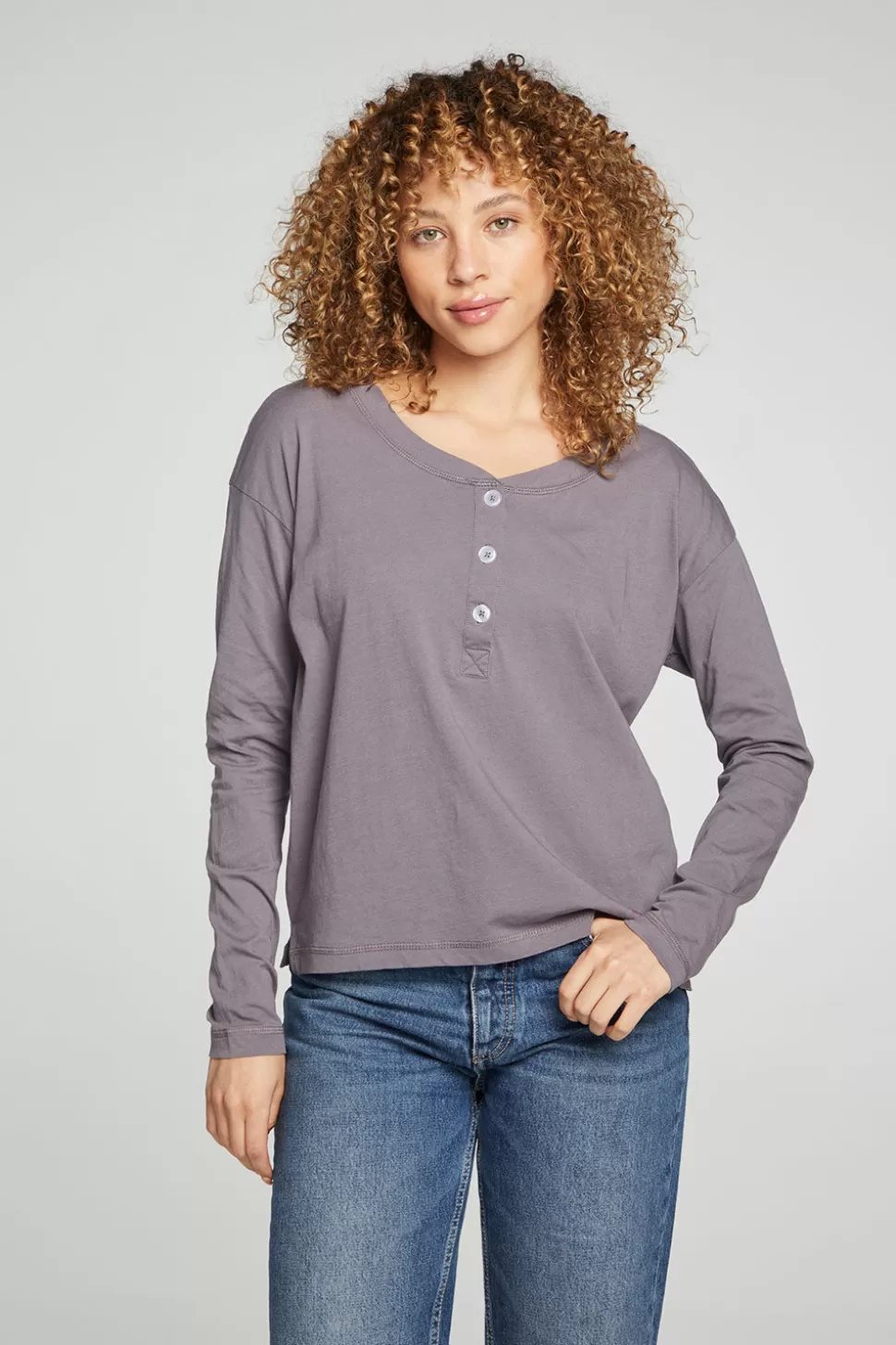 Chaser Brand Cropped Boxy Long Sleeve Henley With Side Slits New