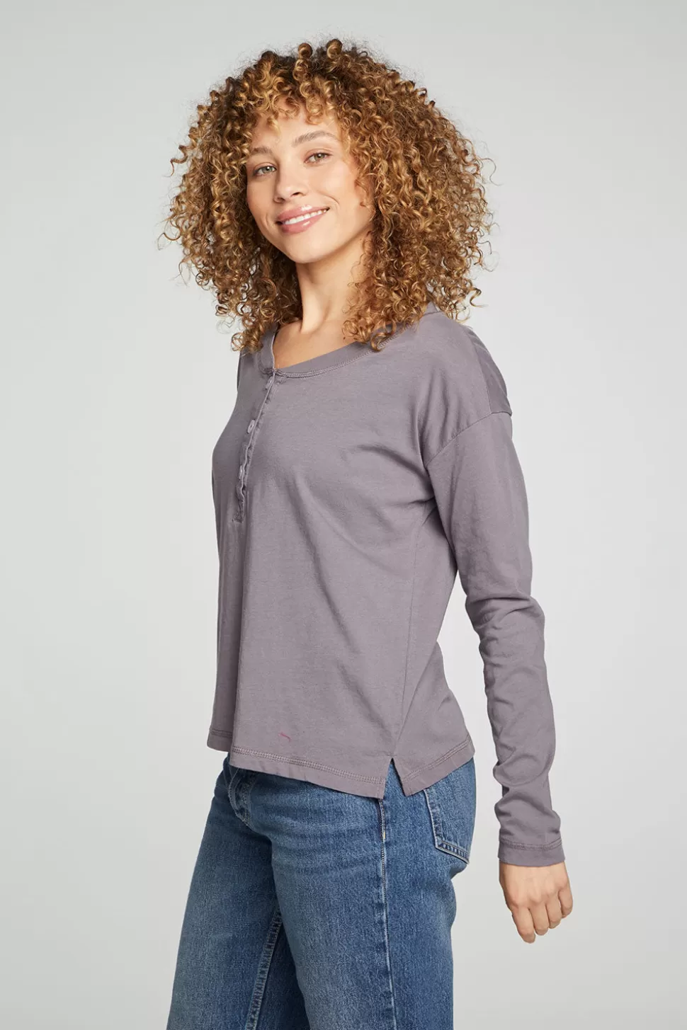 Chaser Brand Cropped Boxy Long Sleeve Henley With Side Slits New