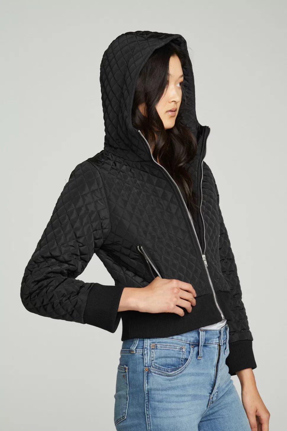 Chaser Brand Cropped Hooded Jacket With Rib Flash Sale