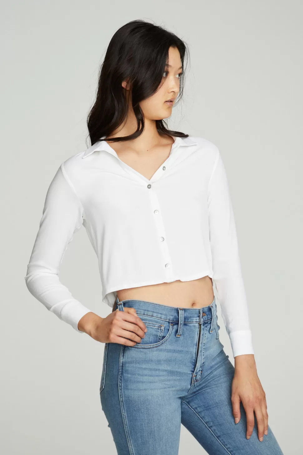 Chaser Brand Cropped Long Sleeve Button Down Shirt Hot