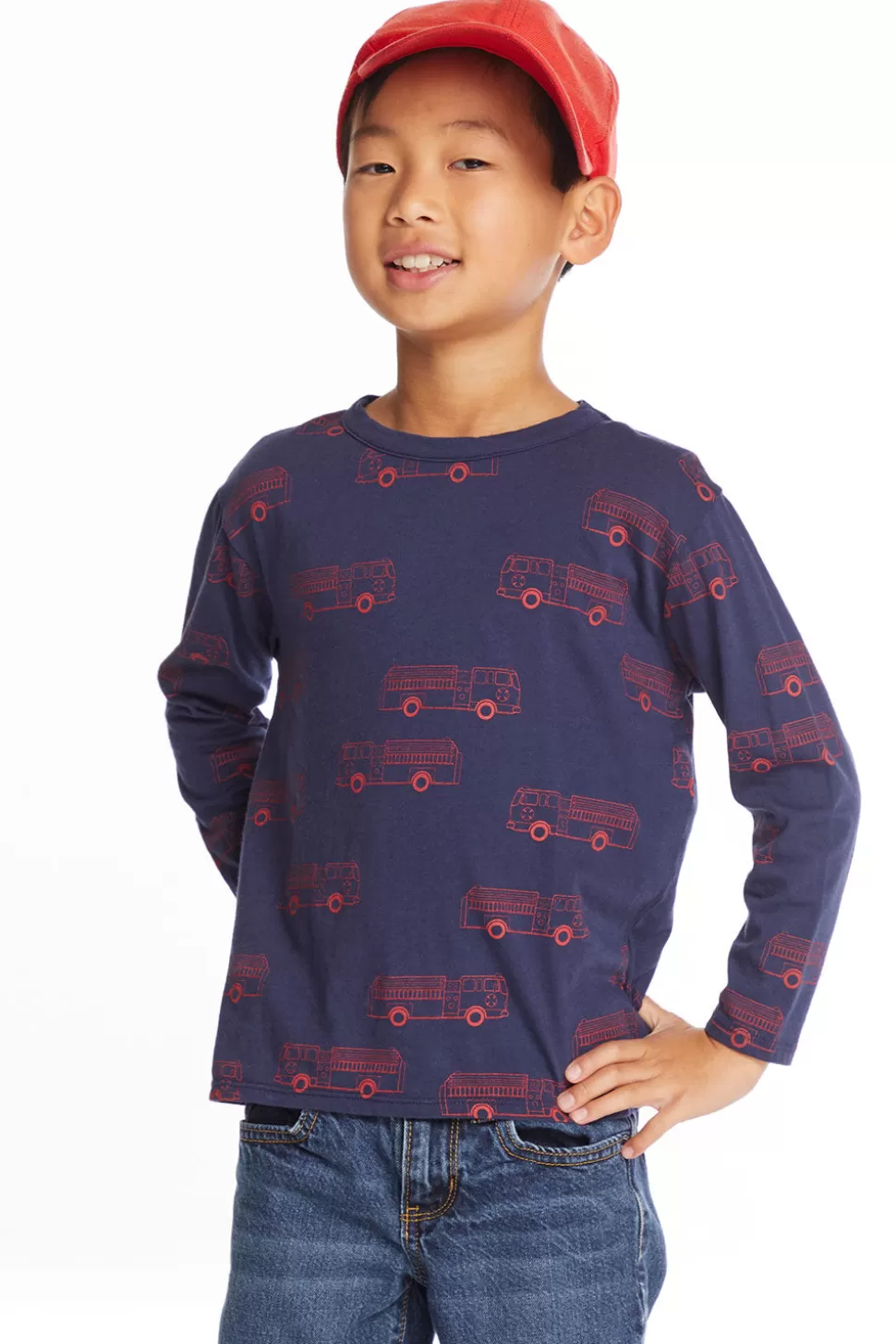 Chaser Brand Fire Trucks Boys Long Sleeve Crew Neck Tee Discount