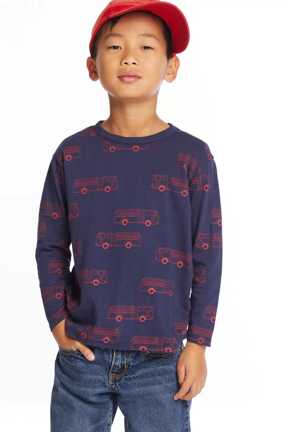 Chaser Brand Fire Trucks Boys Long Sleeve Crew Neck Tee Discount