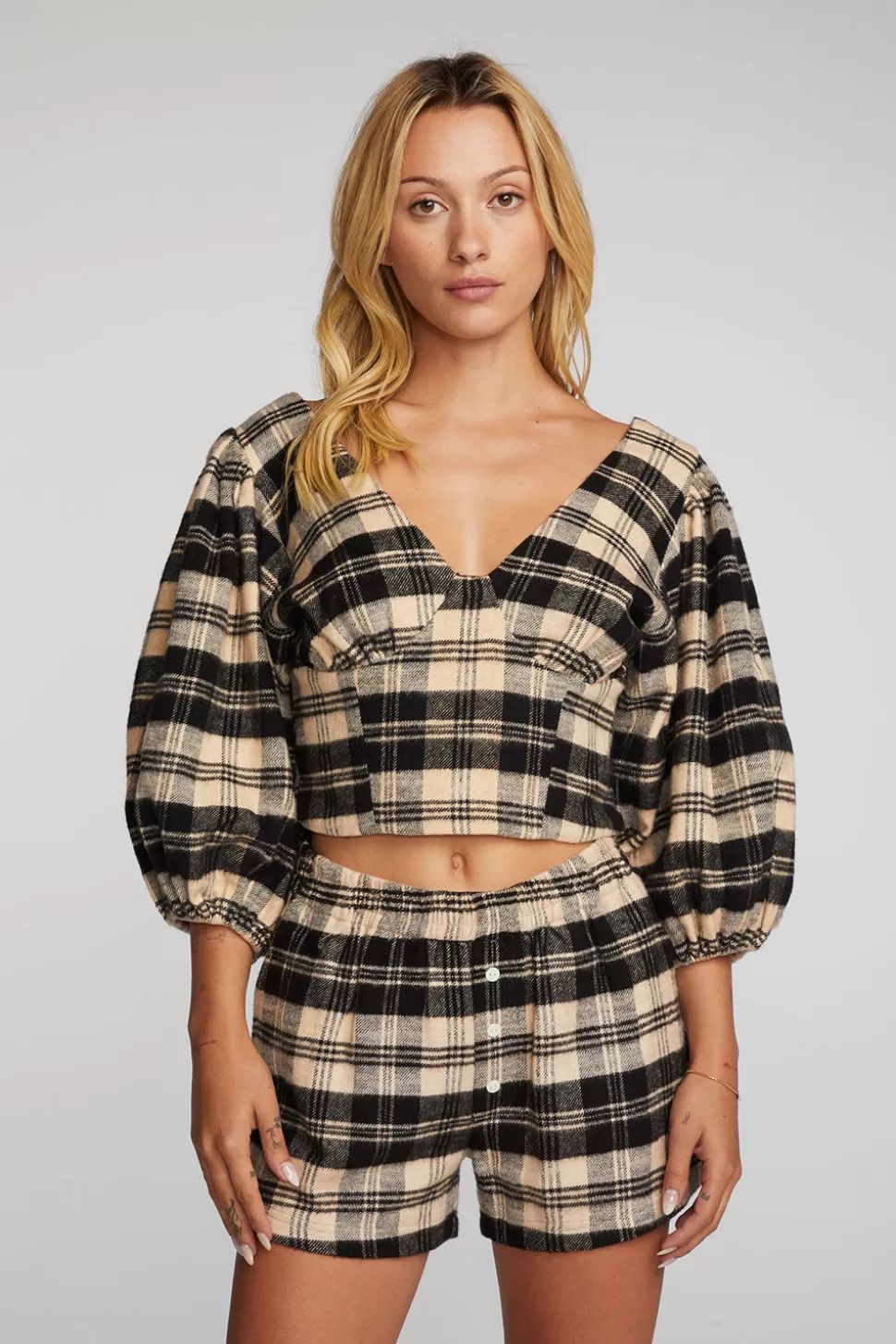 Chaser Brand Flannel Puff Sleeve Cropped Blouse Clearance