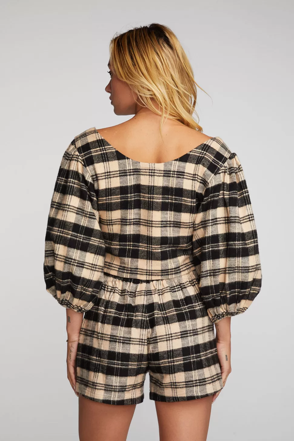 Chaser Brand Flannel Puff Sleeve Cropped Blouse Clearance