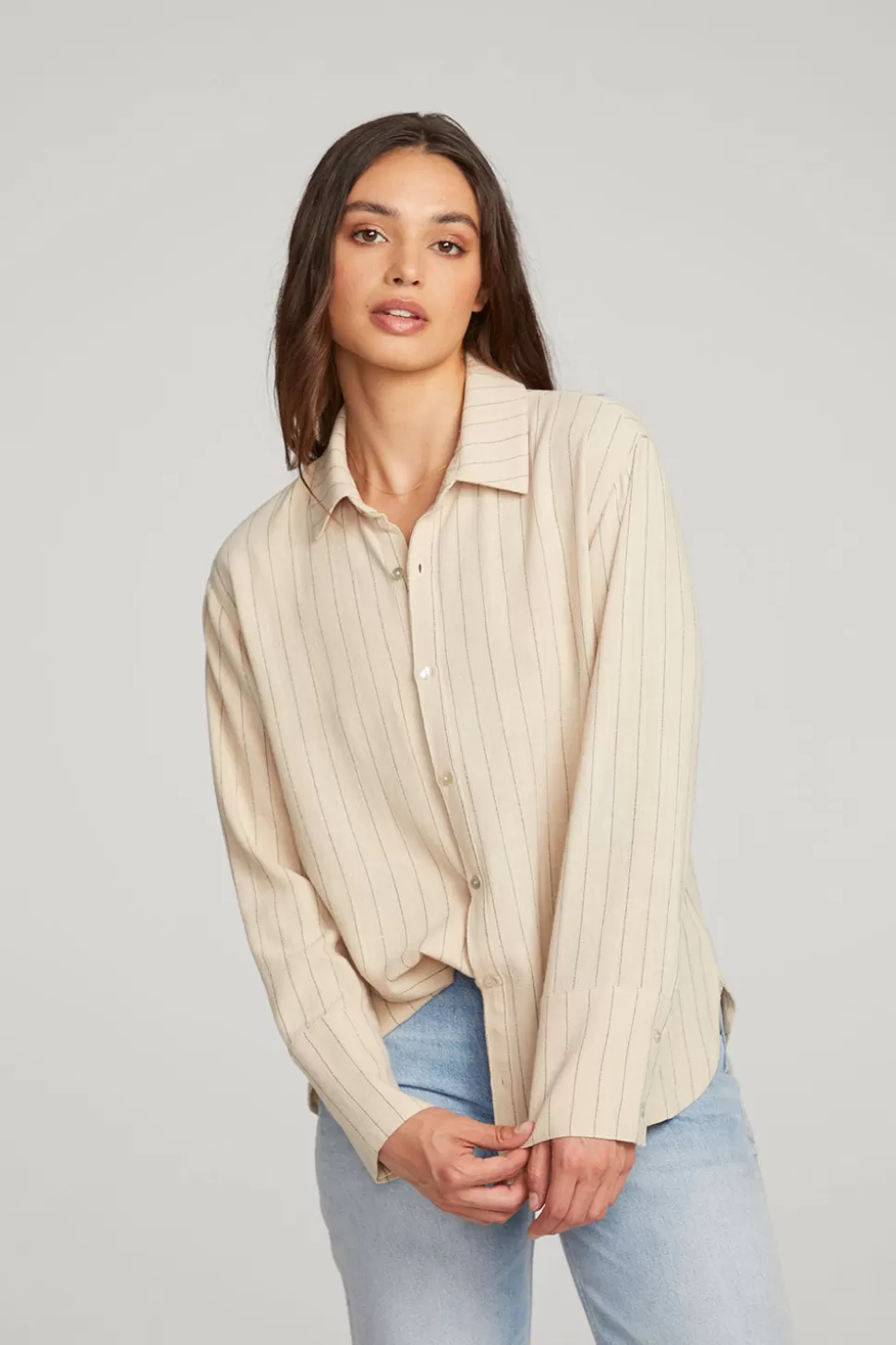 Chaser Brand Helena White Pinstripe Button Down Outlet