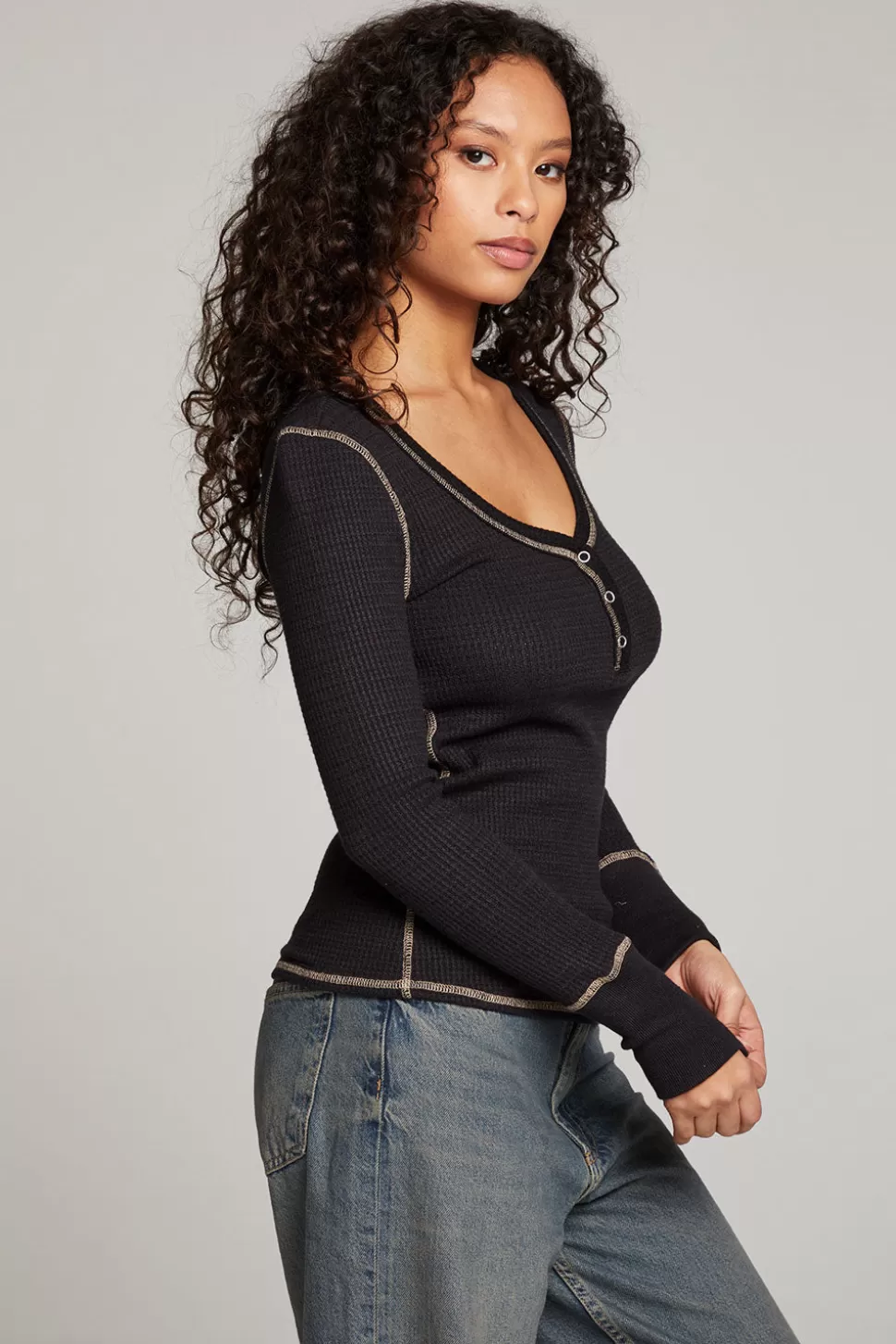 Chaser Brand Licorice Long Sleeve Henley Cheap