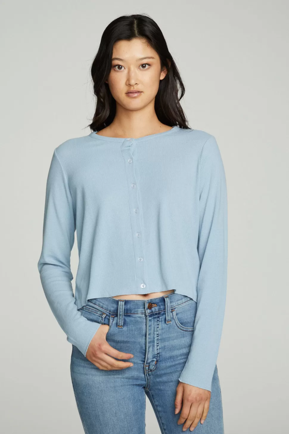 Chaser Brand Long Sleeve Button Down Semi Cropped Tee Hot