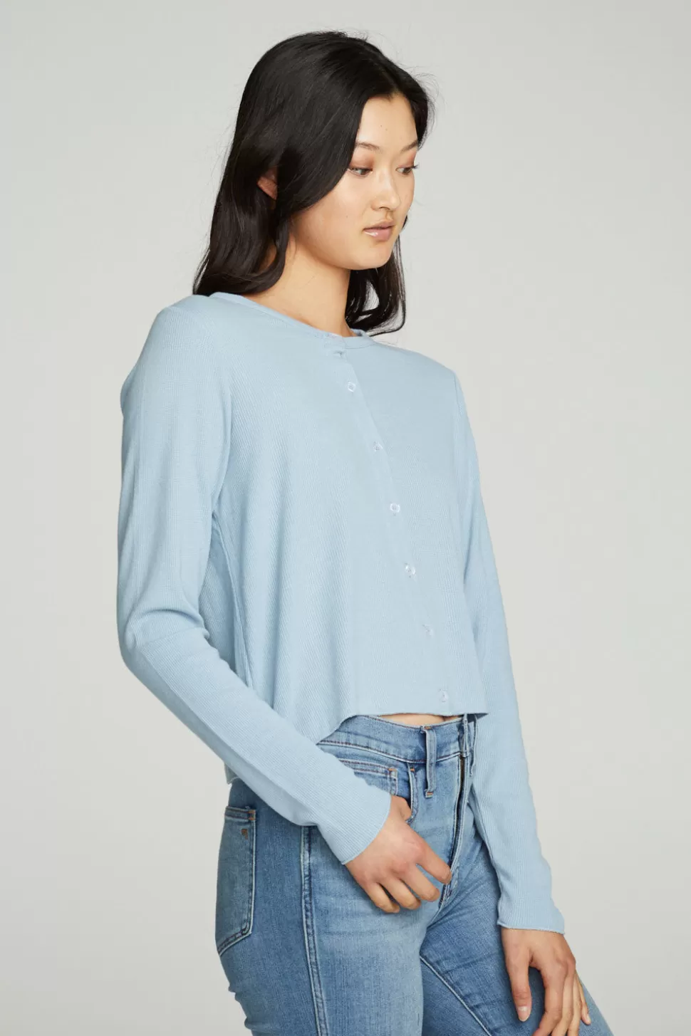 Chaser Brand Long Sleeve Button Down Semi Cropped Tee Hot