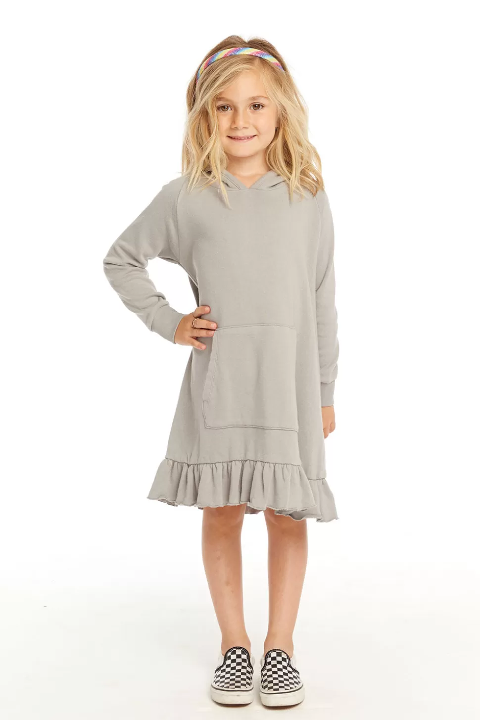 Chaser Brand Long Sleeve Gravel Grey Hooded Ruffle Hem Dress Outlet