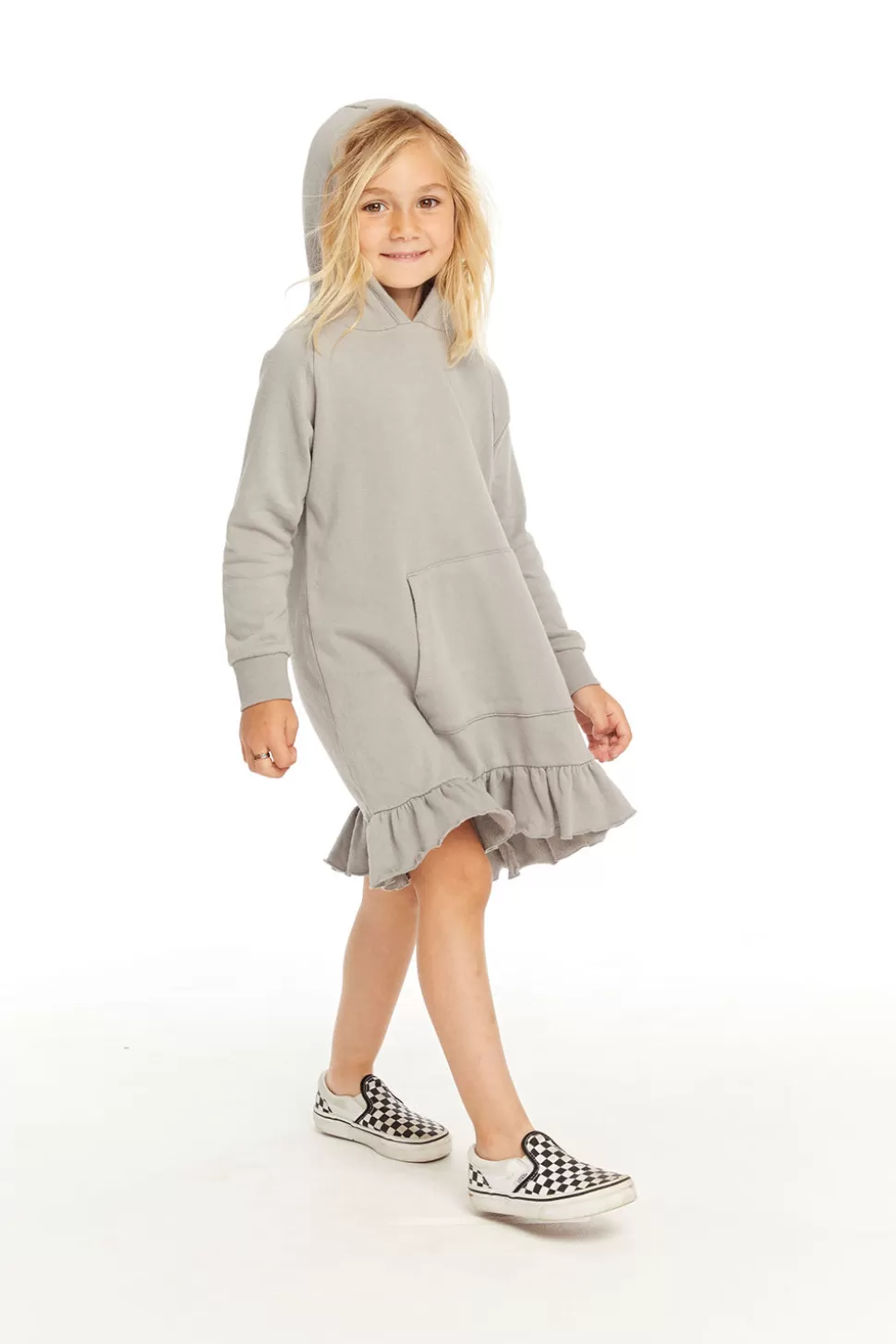 Chaser Brand Long Sleeve Gravel Grey Hooded Ruffle Hem Dress Outlet