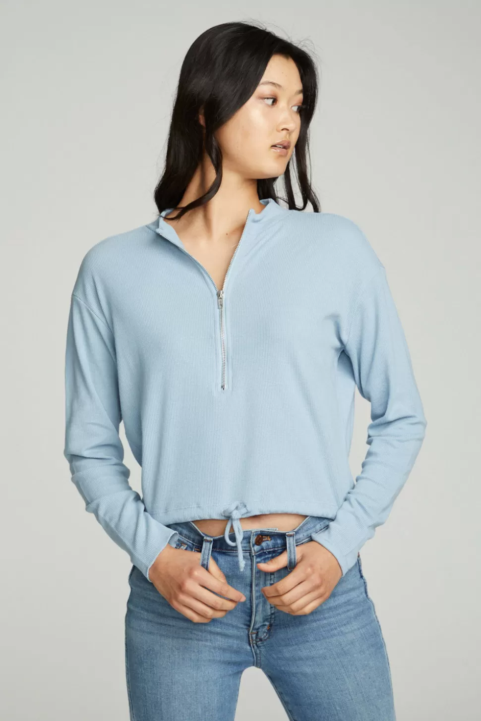 Chaser Brand Long Sleeve Zipper Mock Neck Semi Cropped Tee Flash Sale