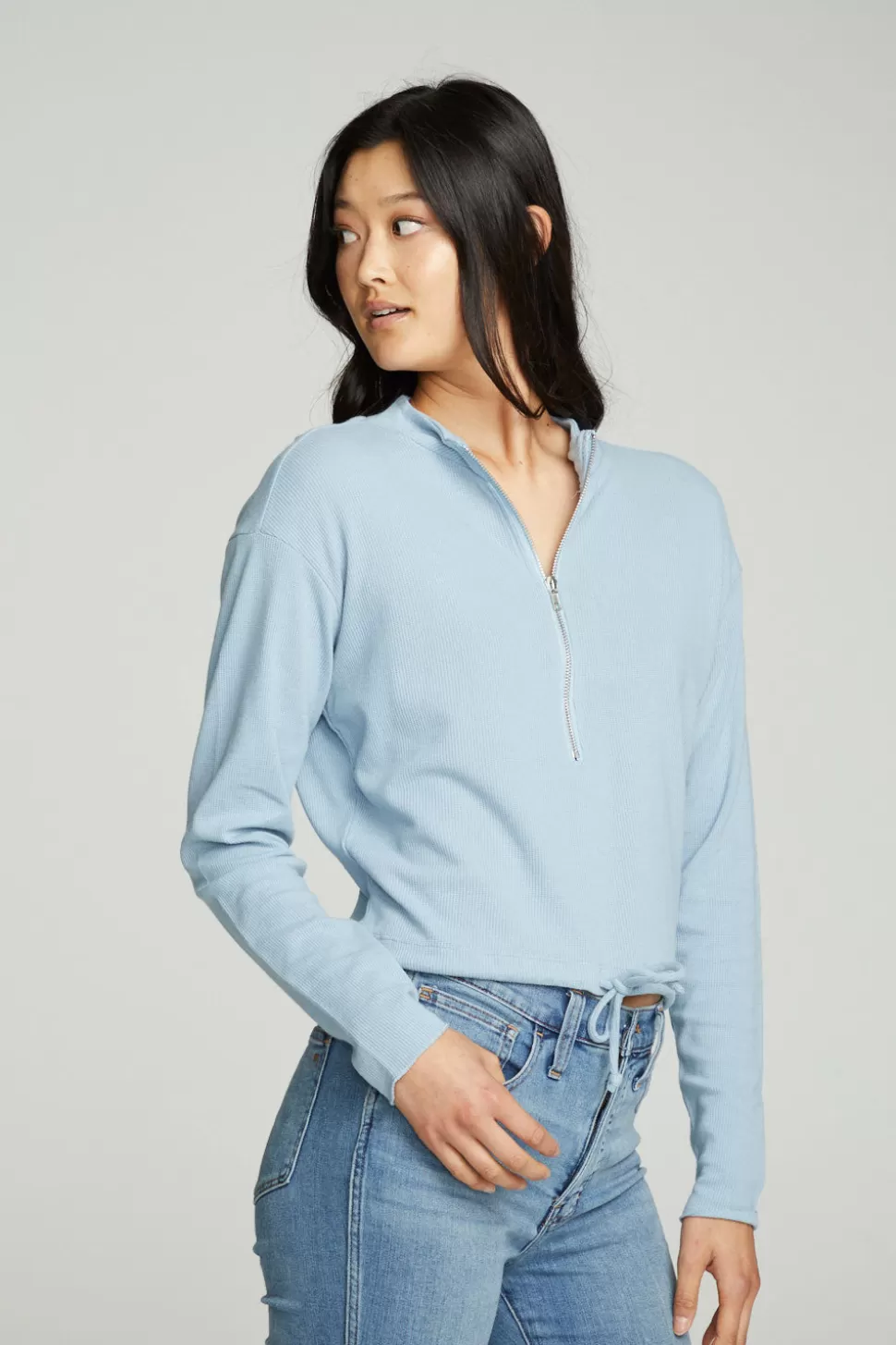 Chaser Brand Long Sleeve Zipper Mock Neck Semi Cropped Tee Flash Sale