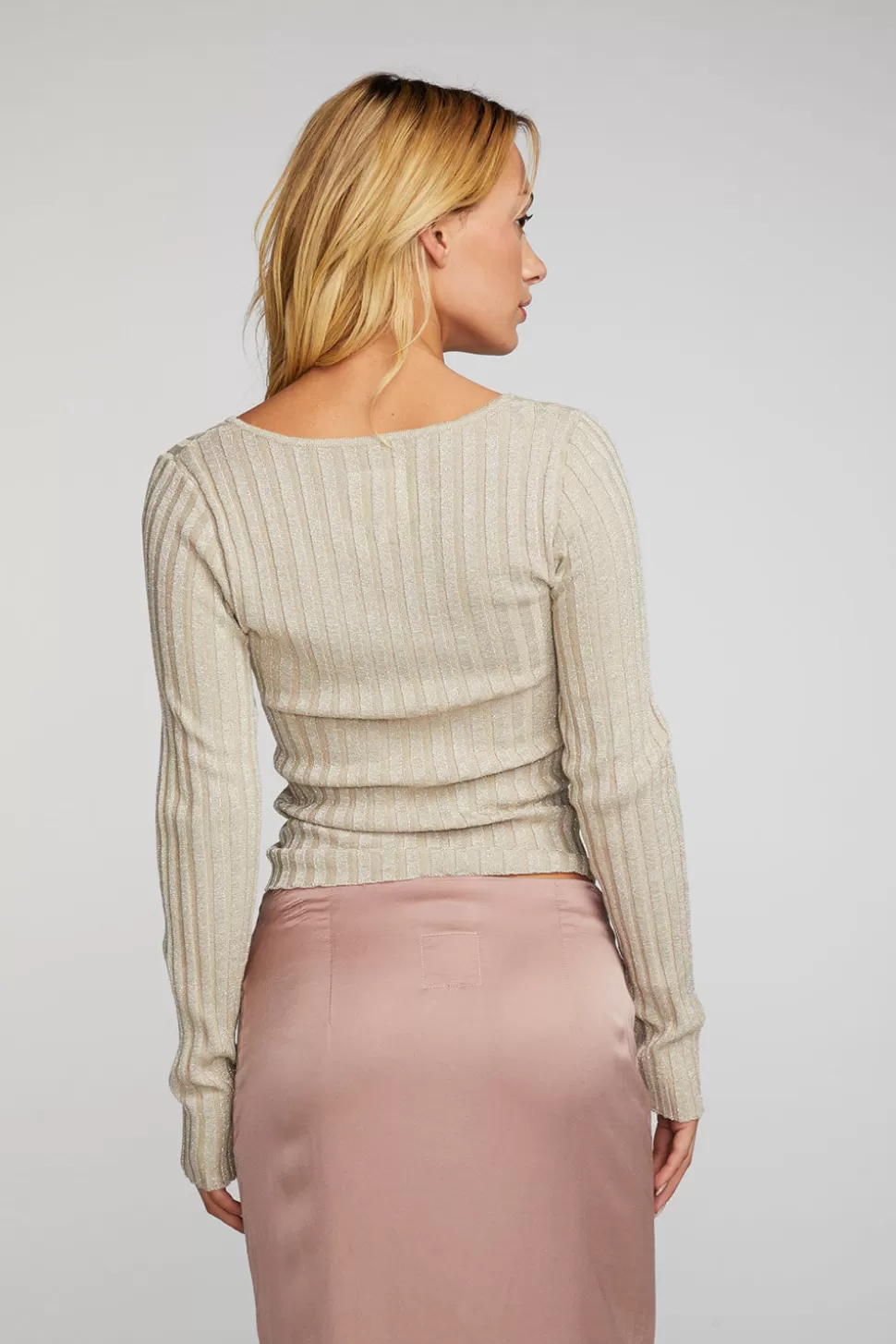 Chaser Brand Lurex Rib Knit Long Sleeve Top With Open Keyhole Outlet