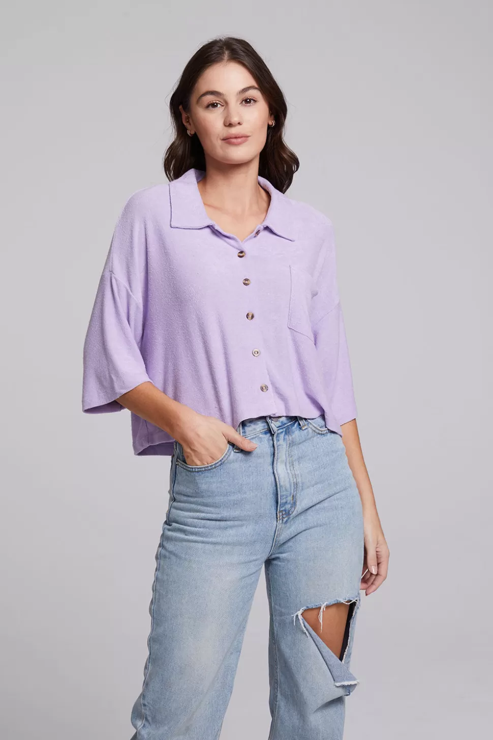 Chaser Brand Marine Crop Button Down - Digital Lavender Flash Sale