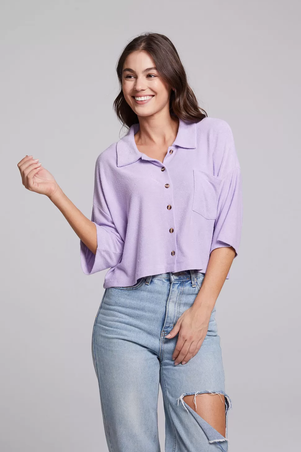 Chaser Brand Marine Crop Button Down - Digital Lavender Flash Sale