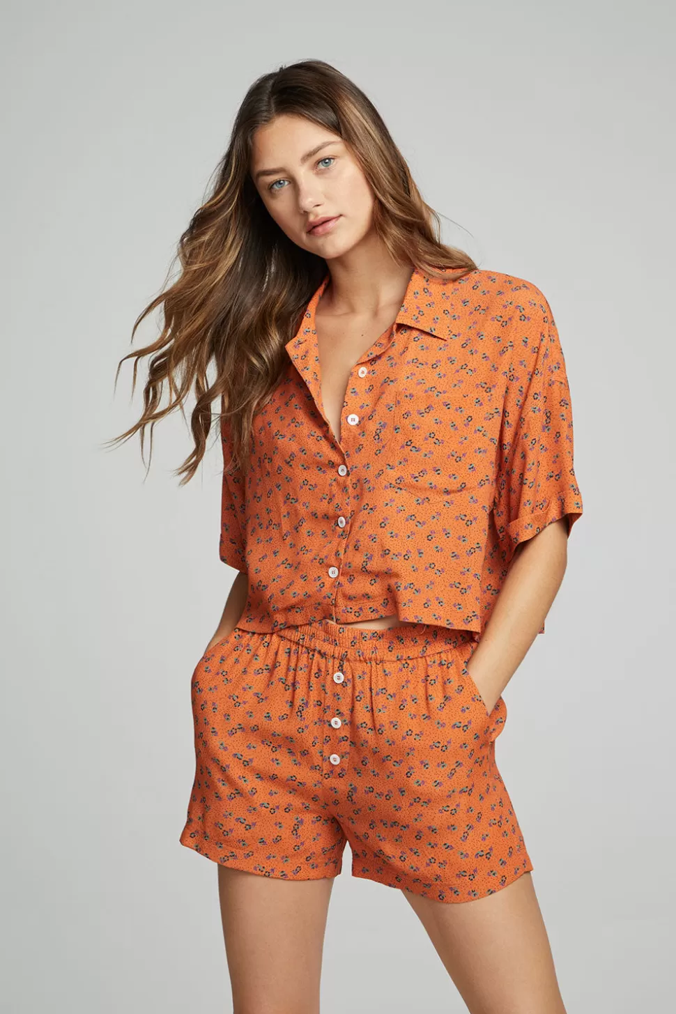 Chaser Brand Marine Crop Button Down - Tigerlily Floral Print Flash Sale