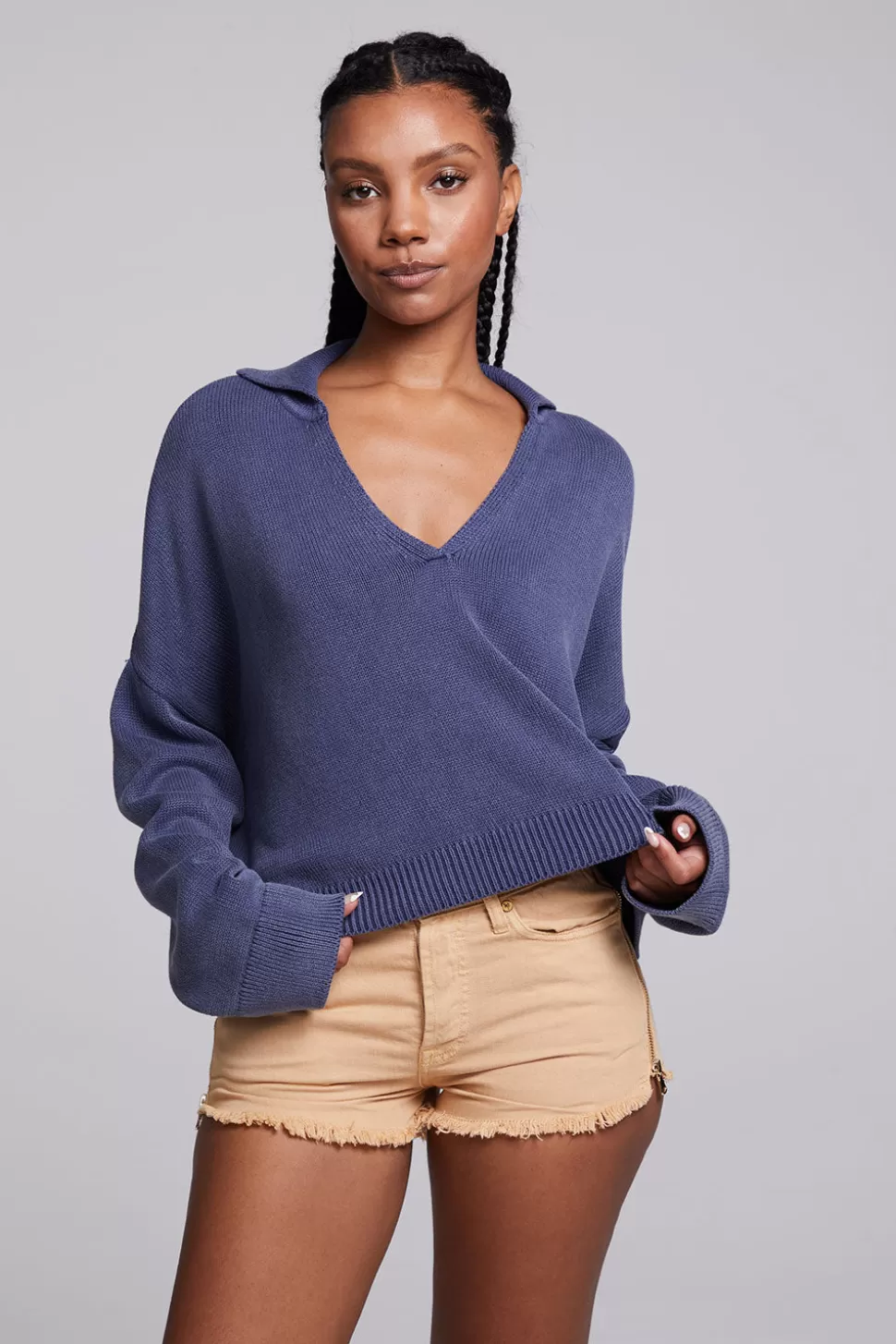 Chaser Brand Mercury Washed Indigo Crop Pullover Cheap