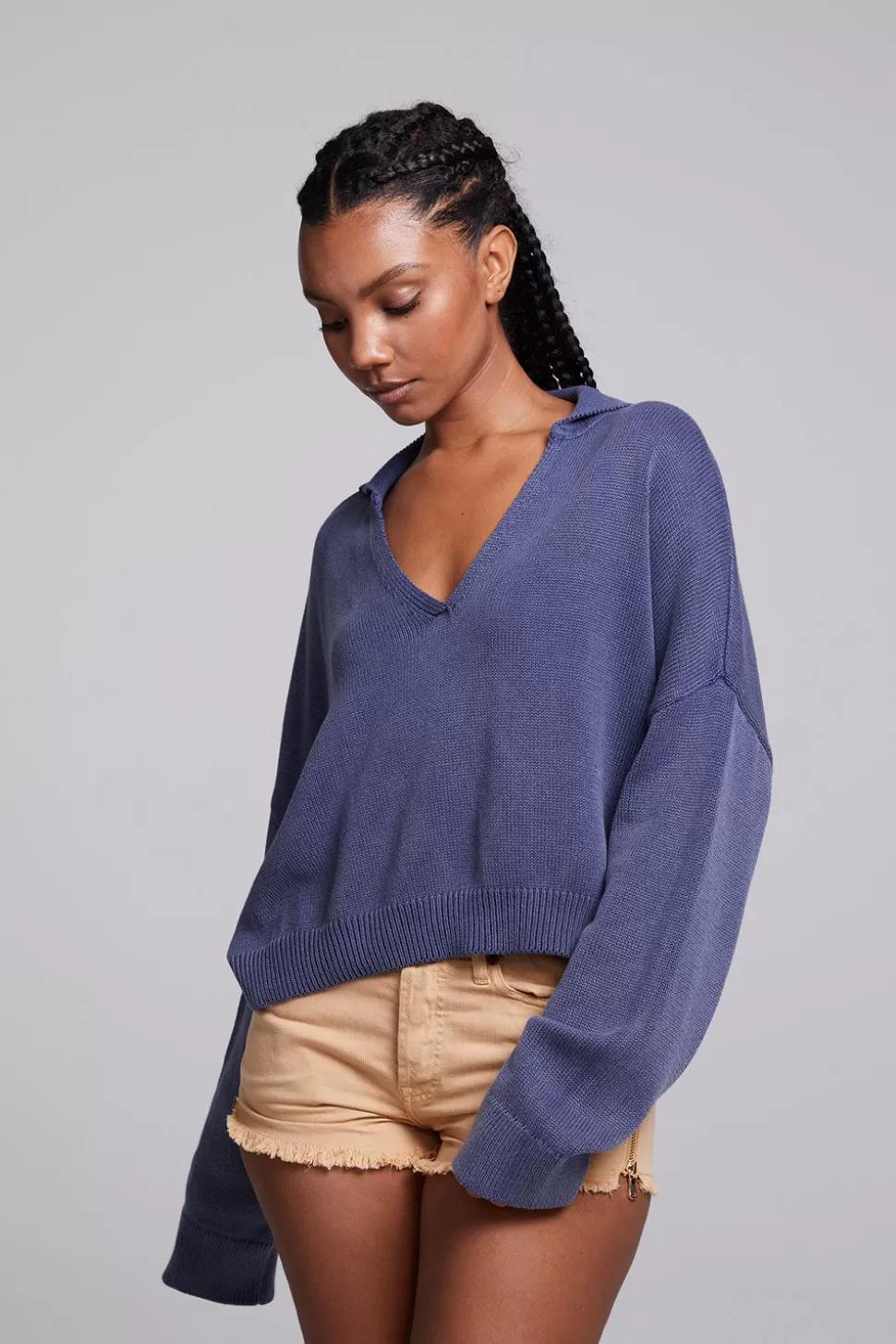 Chaser Brand Mercury Washed Indigo Crop Pullover Cheap