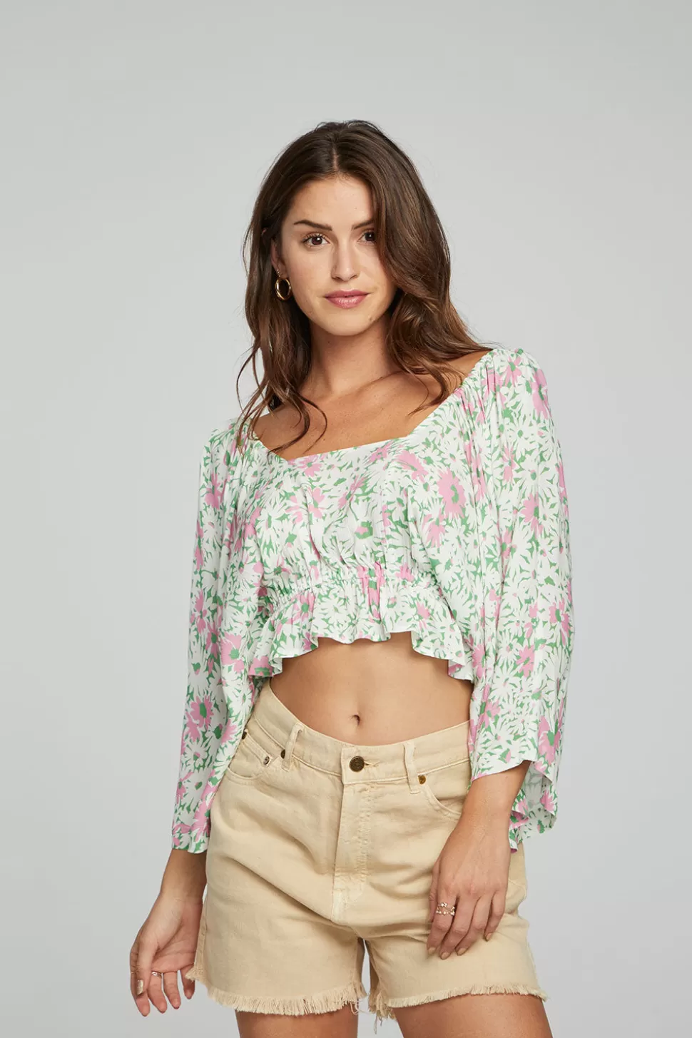 Chaser Brand Monarch Crop Top - Grass Daisy Floral Hot