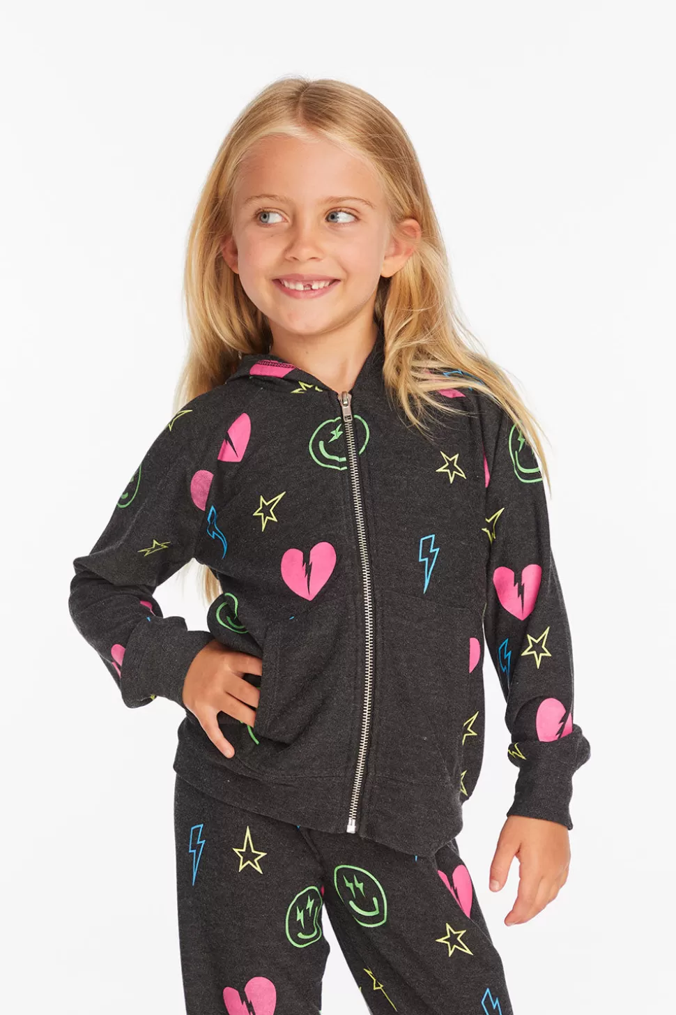 Chaser Brand Neon Heart & Smiles Girls Zip-up Hoodie Fashion