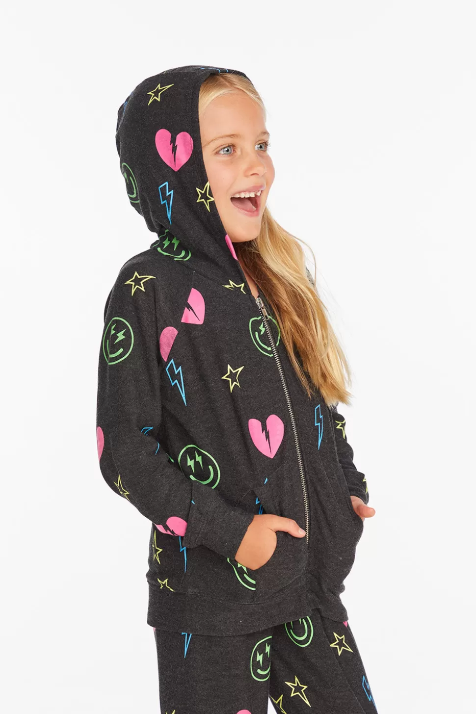 Chaser Brand Neon Heart & Smiles Girls Zip-up Hoodie Fashion