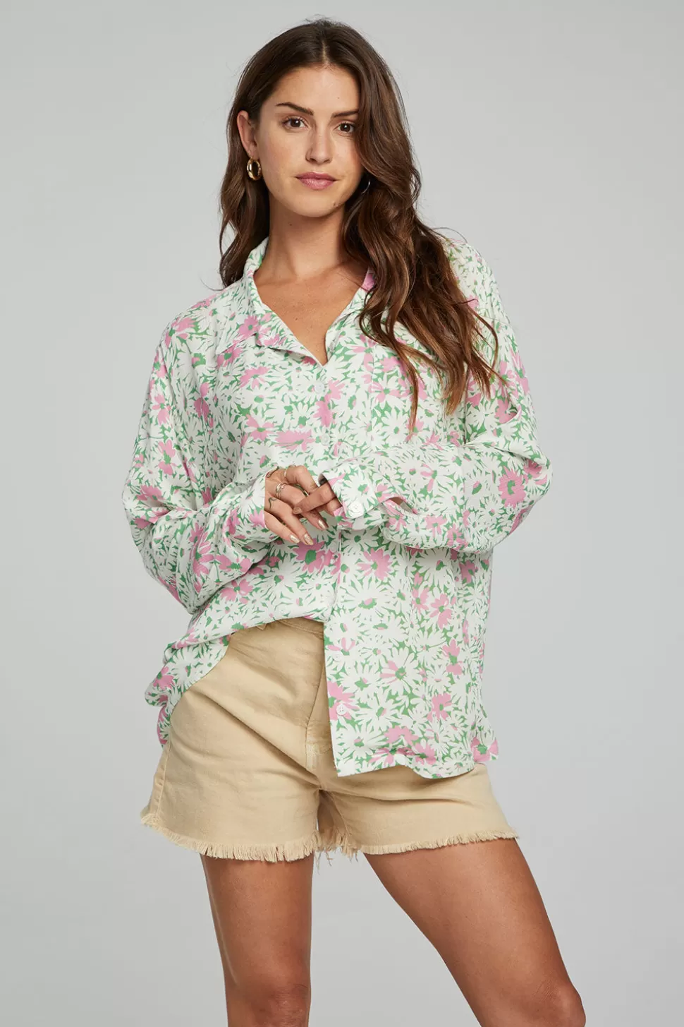 Chaser Brand Saville Button Down - Grass Daisy Floral Sale