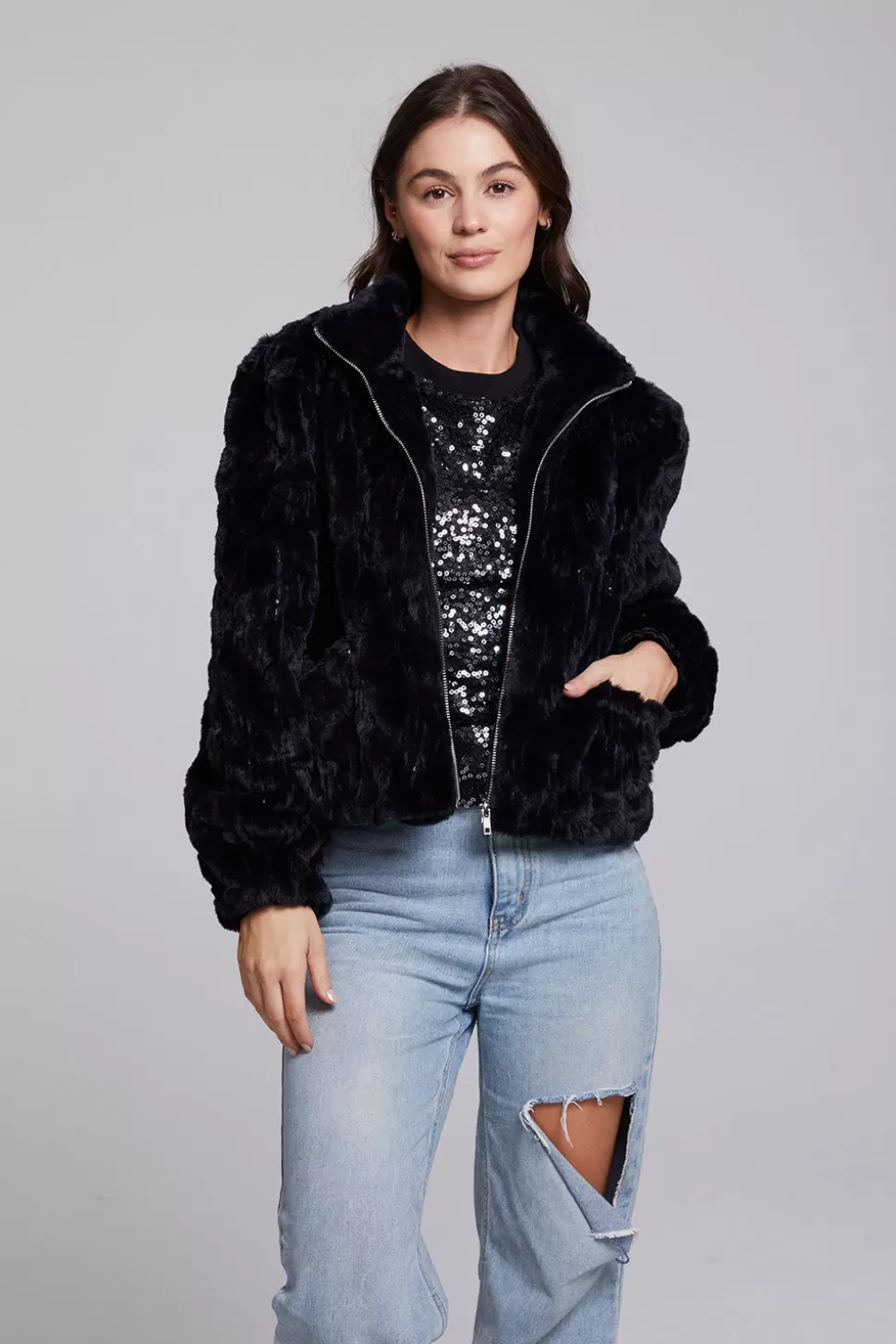 Chaser Brand Sequin Faux Fur Puff Sleeve Jacket Clearance