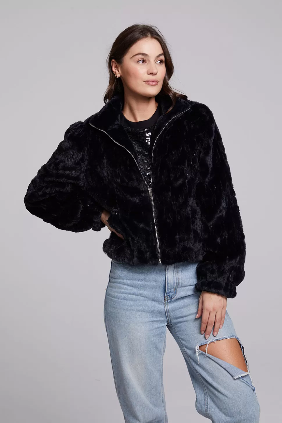 Chaser Brand Sequin Faux Fur Puff Sleeve Jacket Clearance