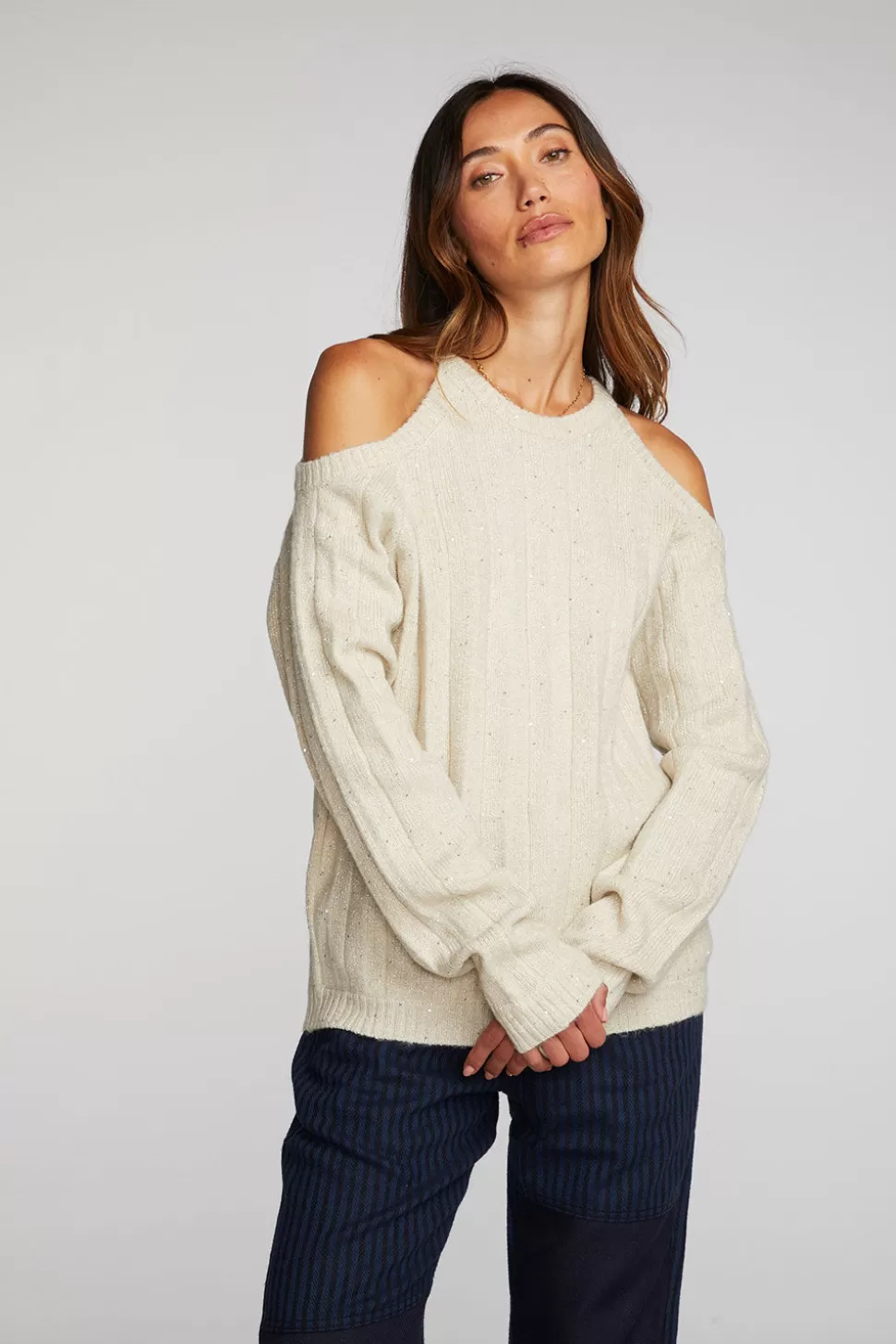 Chaser Brand Sequin Knit Cold Shoulder Sweater Online