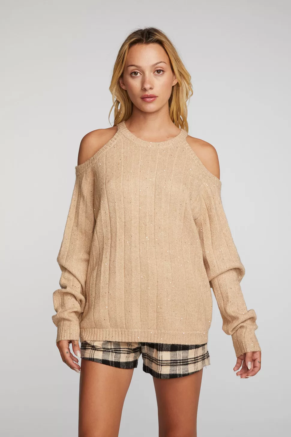 Chaser Brand Sequin Knit Cold Shoulder Sweater Hot