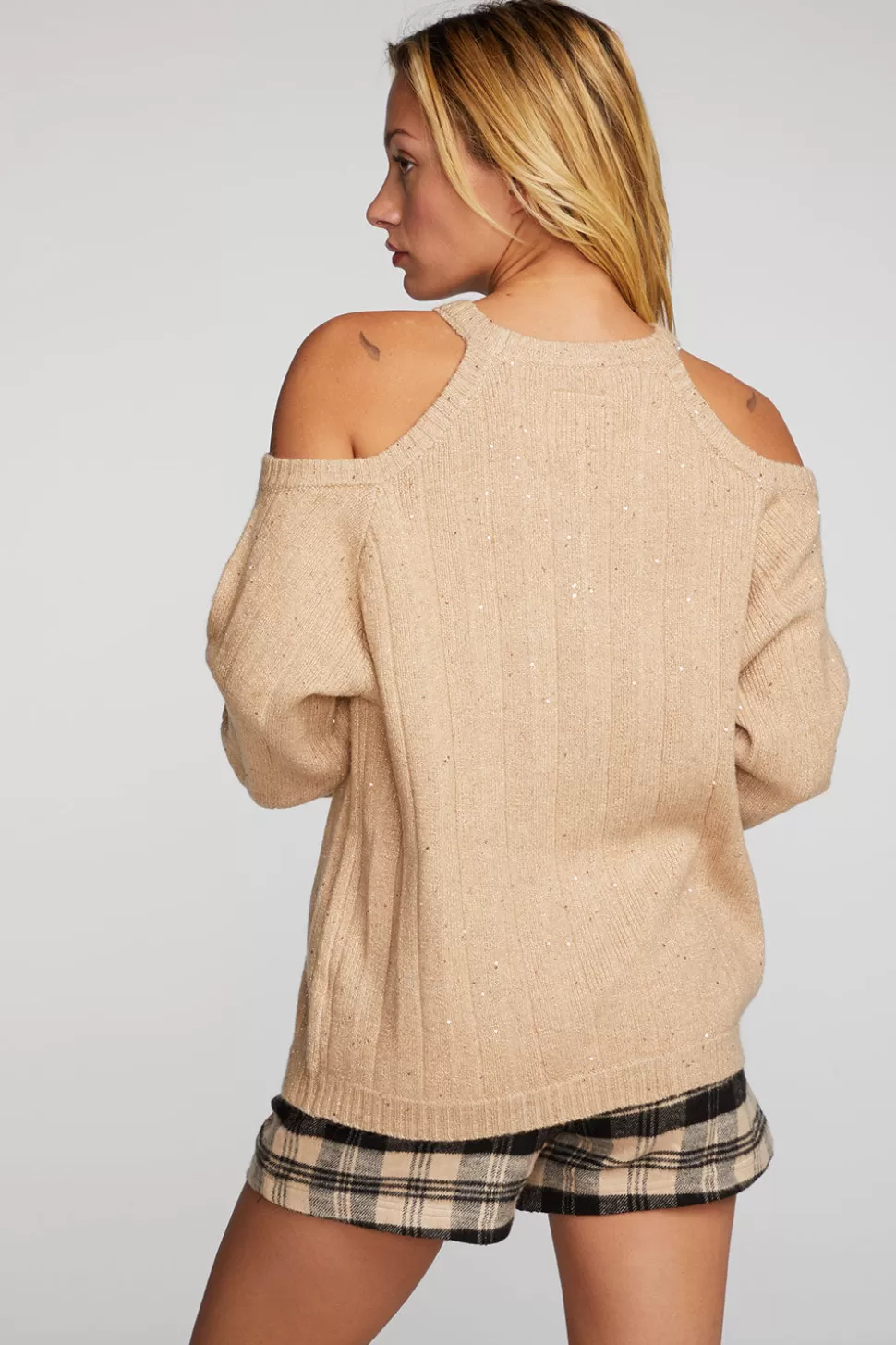 Chaser Brand Sequin Knit Cold Shoulder Sweater Hot