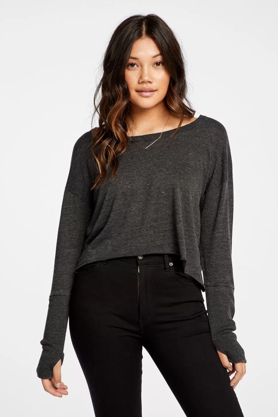 Chaser Brand Triblend Jersey Cropped Open Neck Long Sleeve Thumbhole Tee Outlet