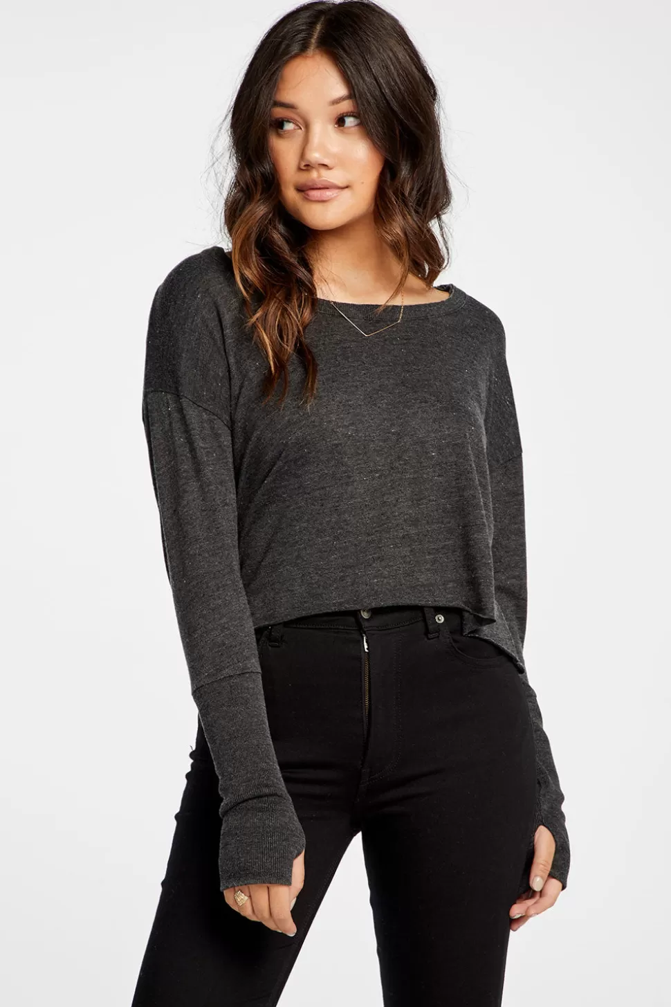 Chaser Brand Triblend Jersey Cropped Open Neck Long Sleeve Thumbhole Tee Outlet