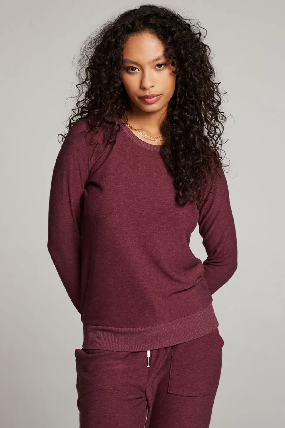 Chaser Brand Wine Red Long Sleeve Raglan Pullover Hot