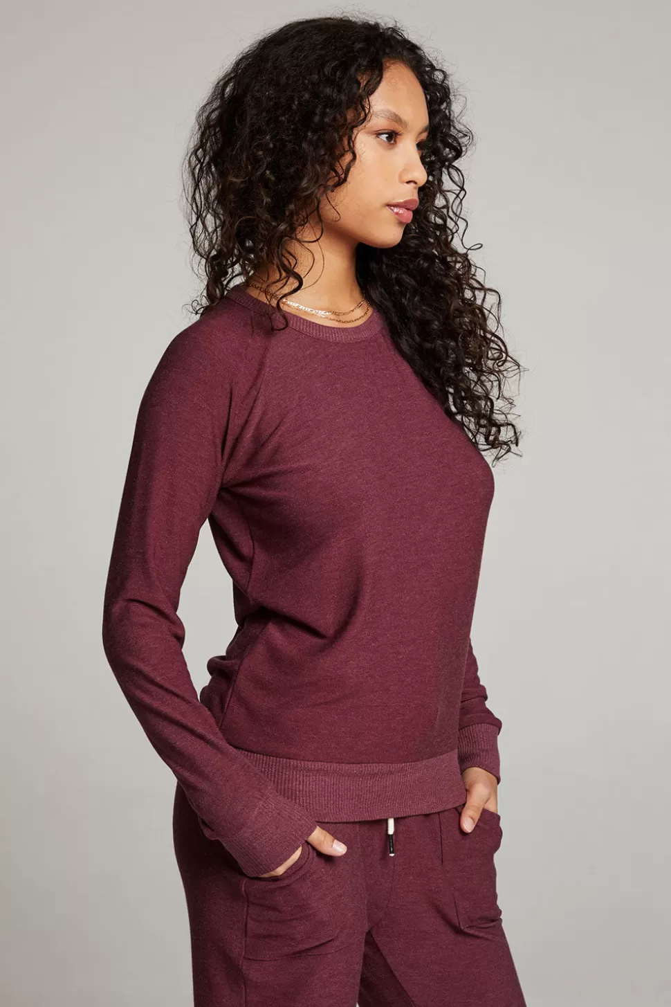 Chaser Brand Wine Red Long Sleeve Raglan Pullover Hot